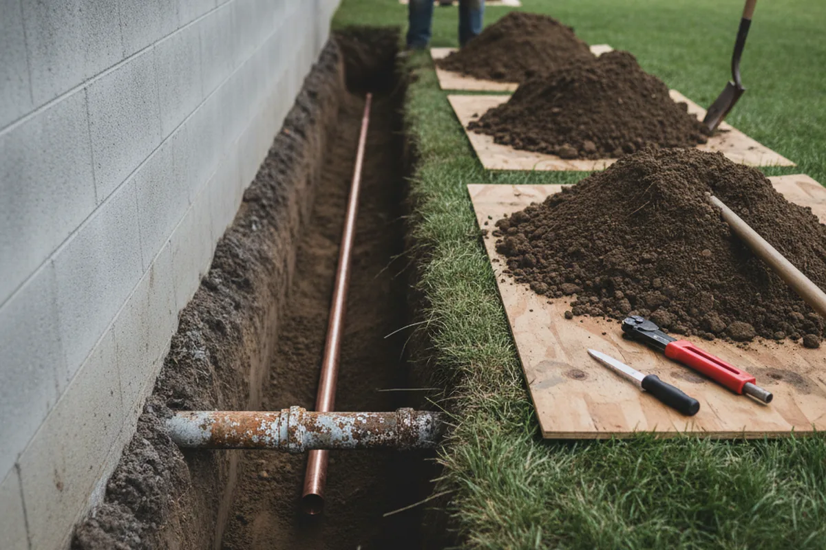 Excavated water line trench during Sewer Line Repair in Dexter